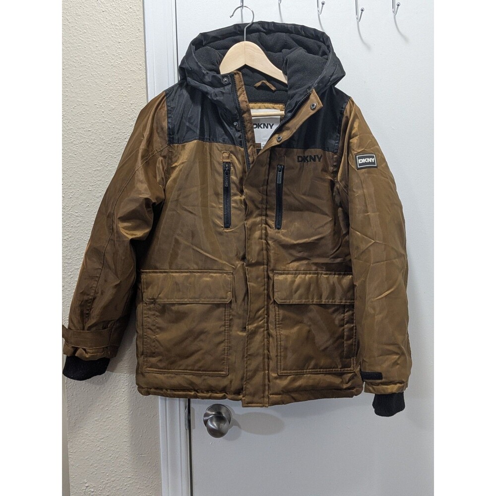 DKNY Boys Timber Tan Winter Hooded Parka Jacket Size 14-16